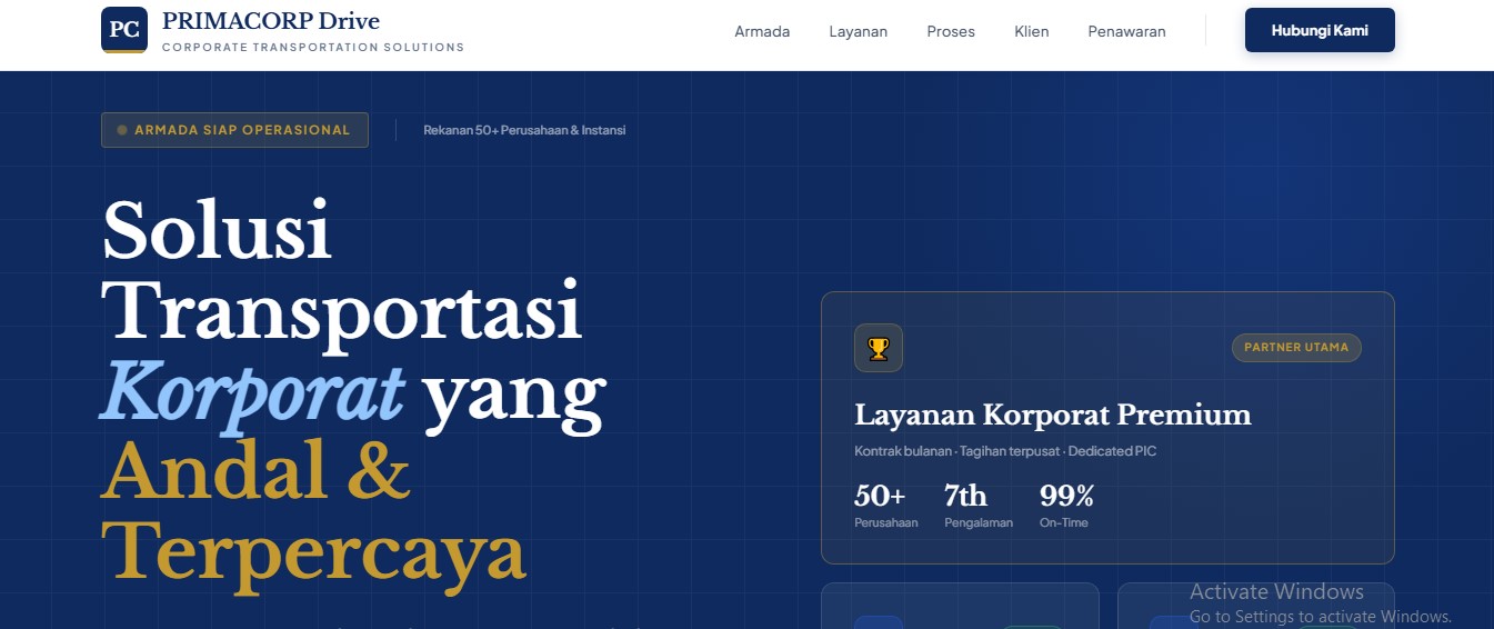 Tema website rental mobil Corporate Blue – formal profesional korporat